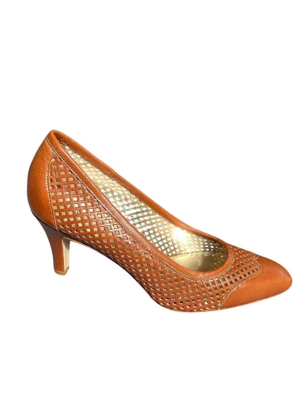 RON WHITE All Day Heels Almond Toe Laser-Cut Pumps in Cognac Brown